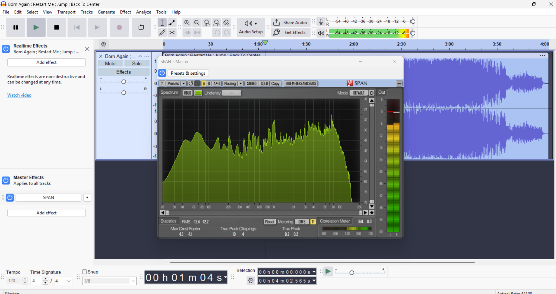 Loudness and peak readings in the analysis session.